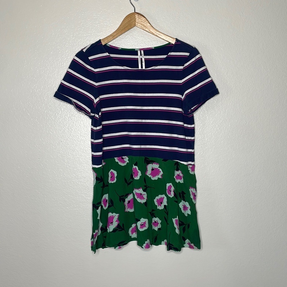 Anthropologie Striped Floral Layered Short Sleeve Top sz Small‎ Blue/Green/White